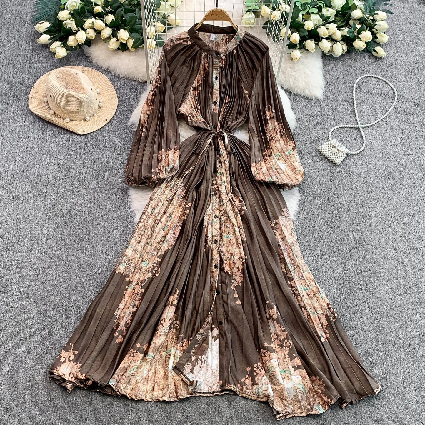 Ele Printed round Ne Lantern Sve Dr Women's Single Button Waist Cinch Maxi Skirt Long Dr Commute Sle Autumn