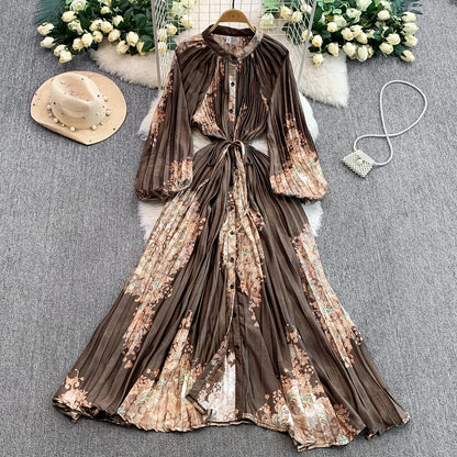 Ele Printed round Ne Lantern Sve Dr Women's Single Button Waist Cinch Maxi Skirt Long Dr Commute Sle Autumn