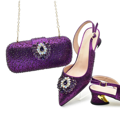 Luxury Designer Silver Italian Matching Shoes and Bag Set Decorated with Rhinestone Shoe and Bag Set for Party in Women Nigerian