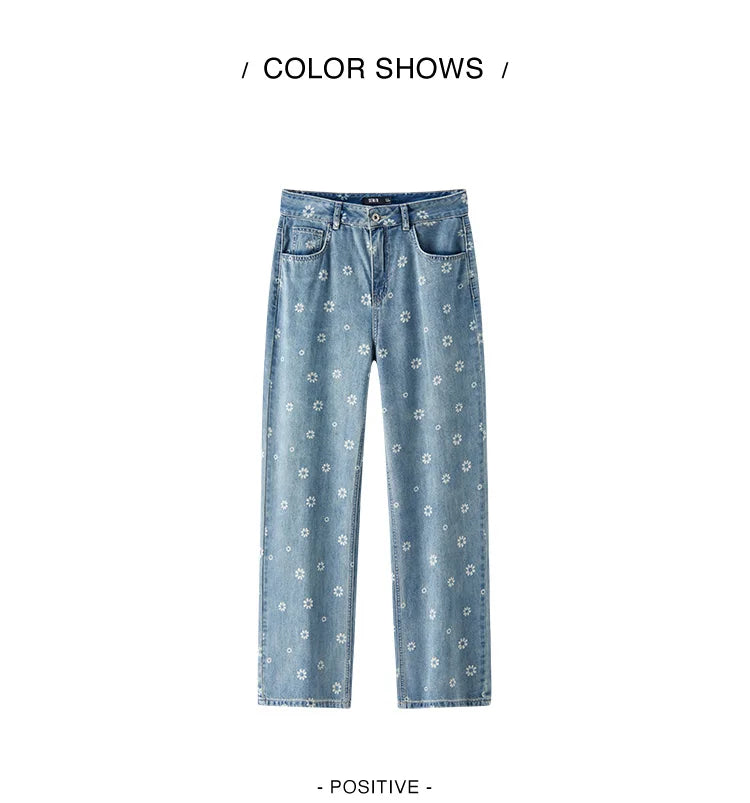 All Over Print Denim Pants Women Sweet Niche 2025 Summer New Cotton Wide Leg Trousers
