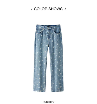 All Over Print Denim Pants Women Sweet Niche 2025 Summer New Cotton Wide Leg Trousers