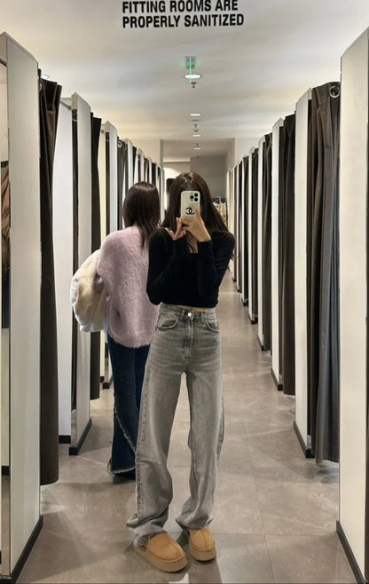 Wide-leg high-waisted jeans  women's classic everything with five pockets washed soft comfortable ultra-long jeans6045022