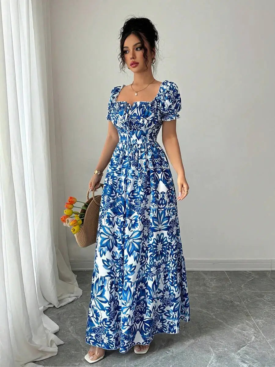 Elegant Women's Floral Print Bubble Sleeve Dress, Blue Long Dress, Front Tie Back Gathered Waist, Casual Vacation