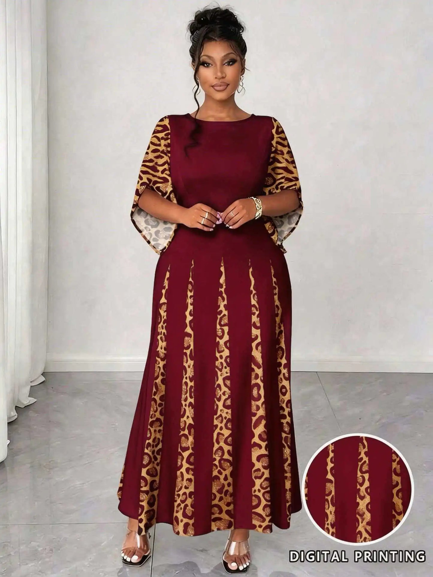 Elegant Leopard Print Maxi Dress, Plus Size Fashionable Long Sleeve Gown, Comfortable & Stylish Women's Clothing