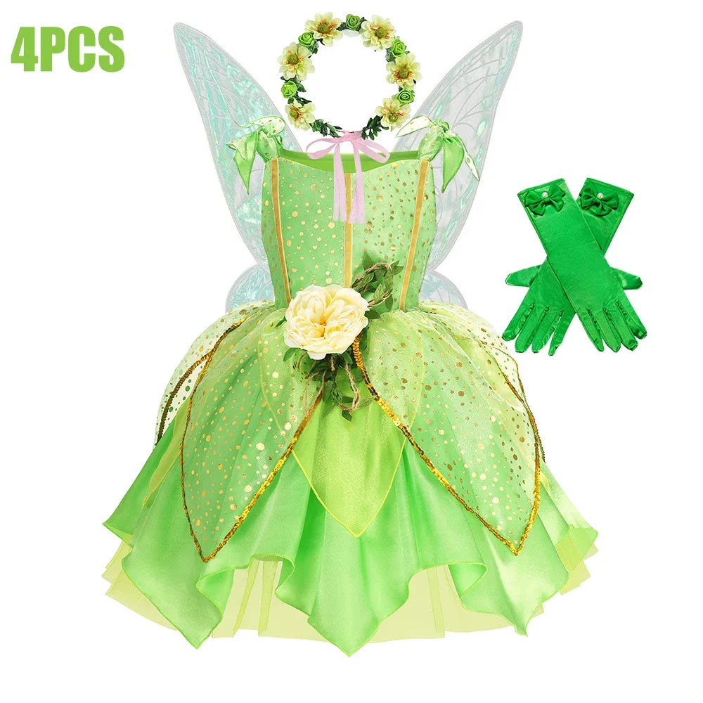Child Girl Bell Costume Halloween Costume for Kids Green Dress Fancy Fairy Princess Cosplay Carnival Party Ball Gowns with Wing