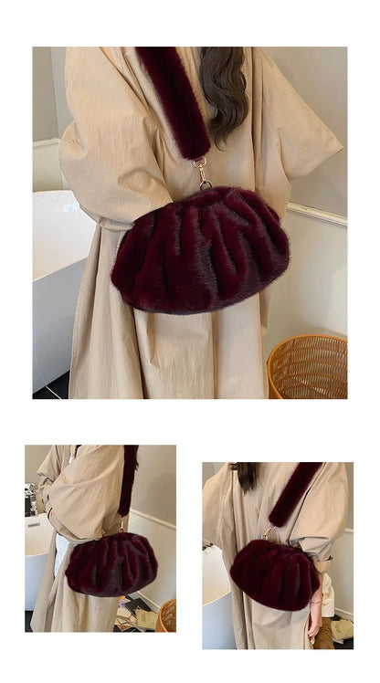 New Womens Shoulder Bag Fluffy Crossbody Bag Vintage Faux Fur Cloud Purse for Autumn Winter Commuting Simplified Storage Bags