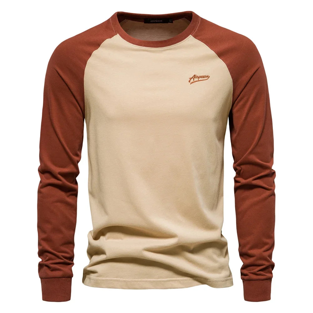 T-shirts 100% Cotton Long Sleeve O-neck Pactwork Casual T shirts for Men New Spring Designer Tees Men Clothing
