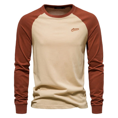 T-shirts 100% Cotton Long Sleeve O-neck Pactwork Casual T shirts for Men New Spring Designer Tees Men Clothing