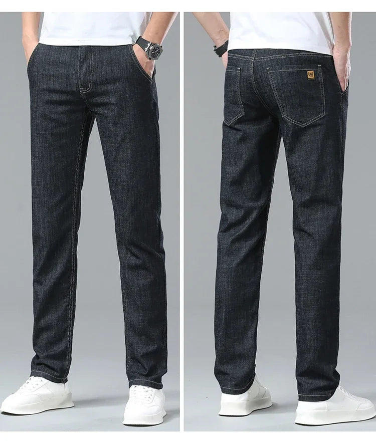 Men's Ice Silk Jeans Summer New Lyocell Thin Business Casual Denim Pants Classic All Match Slim Fit Straight Elastic Jean Male