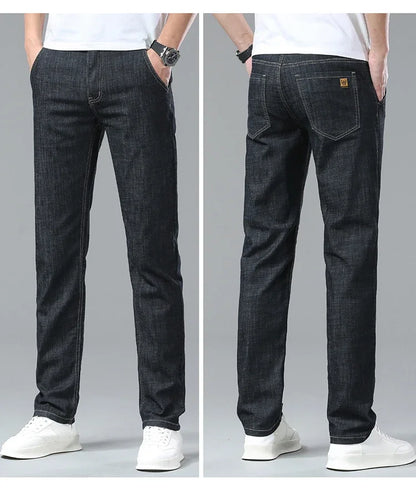 Men's Ice Silk Jeans Summer New Lyocell Thin Business Casual Denim Pants Classic All Match Slim Fit Straight Elastic Jean Male