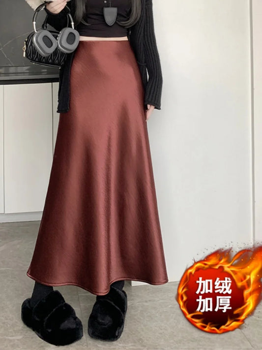 New Autumn Winter Solid Satin Silk Mermaid Skirt Women Fashion High Waist Office Ladies Work Warmth Party Long Maxi Skirt