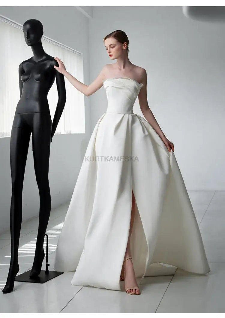 French Luxury White Satin Trailing Wedding Dresses for Bride 2026 Women Elegant Sexy Strapless Long Prom Party Dress Vestidos