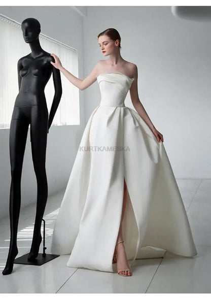 French Luxury White Satin Trailing Wedding Dresses for Bride 2026 Women Elegant Sexy Strapless Long Prom Party Dress Vestidos