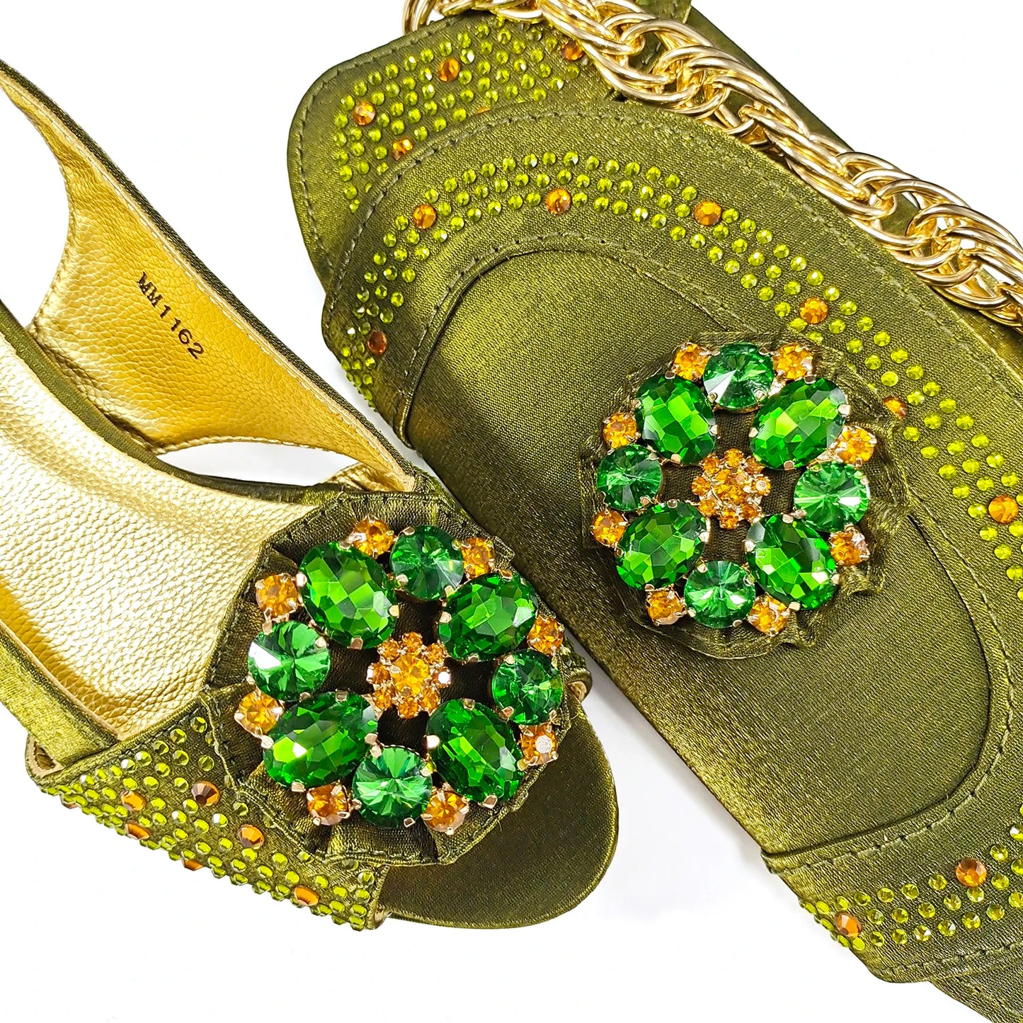 Open Toe Women Heels for 2024 Elegant Party Olive Color Diamond Pumps Italian Shoes and Bags Matching Set