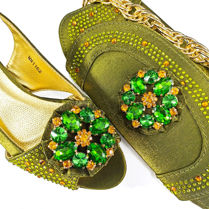 Open Toe Women Heels for 2024 Elegant Party Olive Color Diamond Pumps Italian Shoes and Bags Matching Set
