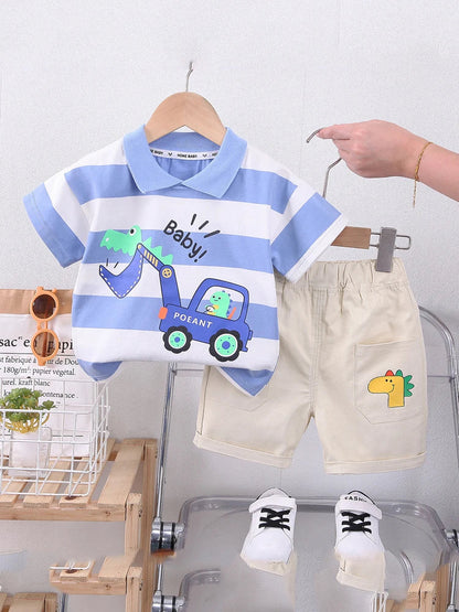 Baby New Summer Cartoon Clothing Children Boy Girls Printe Excavator T Shirt Shorts 2Pcs/sets Kids Infant Toddler Cacual