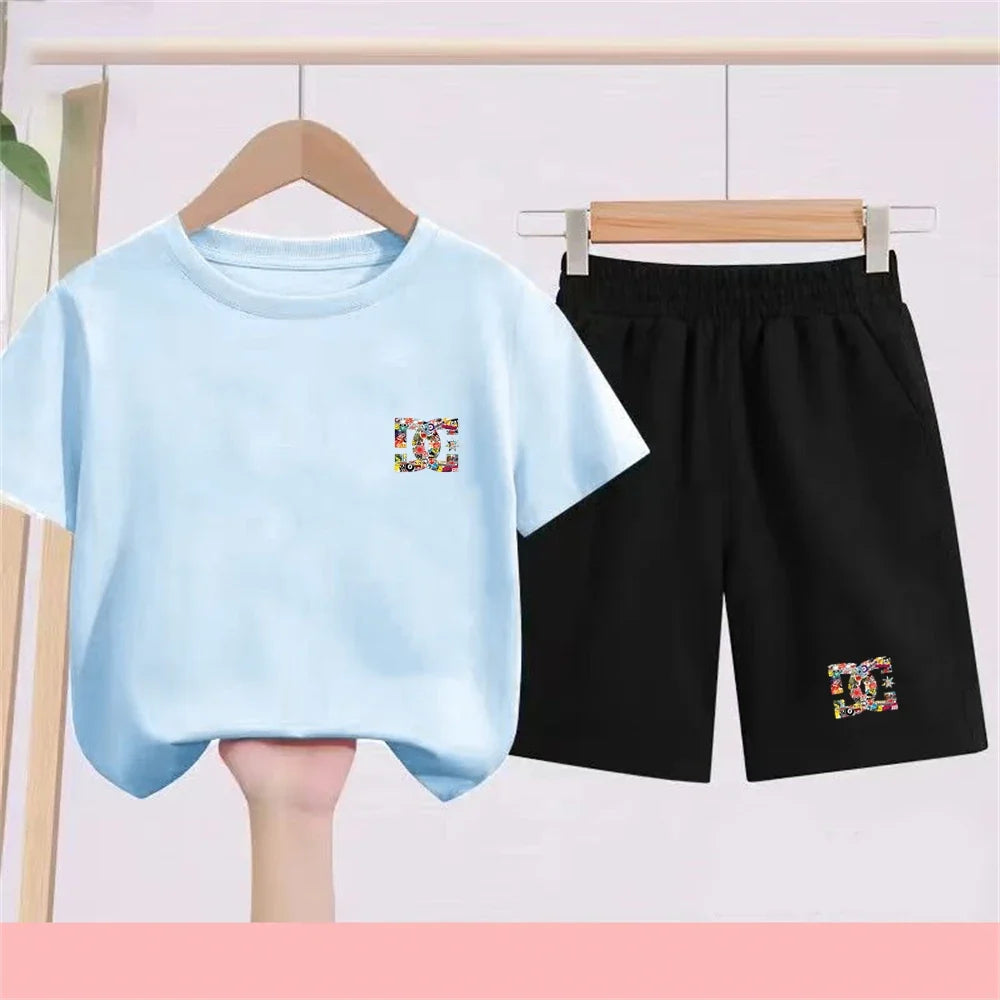 Children T-shirt+Shorts 2P Summer Clothing Fashion Print Boy Girl Toddler 3-12Yrs Sports Short-Sleeved Casual Fashion Set