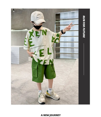 New Fashion Tween Boys Summer Sets Clothing Kids Cotton T-shirt Shorts 2 Pieces Tracksuit Age 5 6 7 8 9 10 11 12 13 14 Years Old