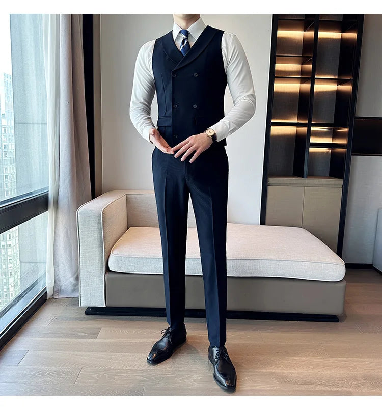 ( Vest + Pants) Men's Double-breasted Suit Vest 2 Pieces Set High Quality Business Casual Fashion Groom Wedding Dress Vest Sets