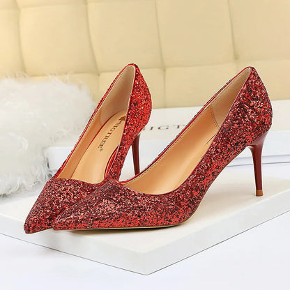 Women 7cm 9.5cm High Heels Pumps Wedding Bridal Scarpins Sparkly Mid Heels Lady Party Sequins Glitter Evening Gold Silver Shoes