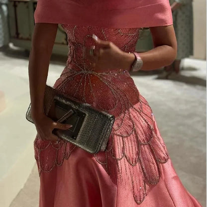 Evening Dresses Off The Shoulder Boat Neck Beading A Line Satin Prom Gown Exquisite High Quality Party Dress for Women Customize