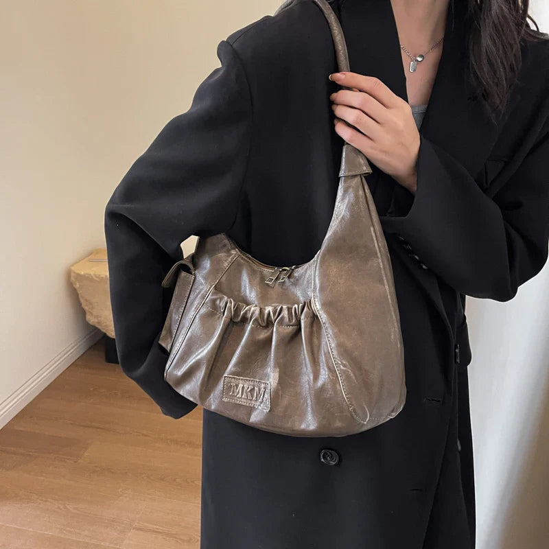Retro Leather Shoulder Bags for Women 2025 Spring Vintage Underarm Bag Handbags and Purses Latest Fashion Hand Bag