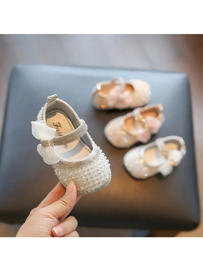 Girls Walking Shoes Lace Mesh Bows Kids Princess Shoes Non-slip Shiny Sequins 2025 New Children Flat Shoes Soft Sole Non-slip
