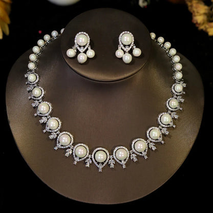Luxury Round Shape Gold Color Pearl Necklace 2 Pieces Set , Bridal Wedding Dubai Saudi Jewelry for Women's Party