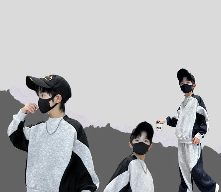 Spring Boys Black x Grey Contrast Pullover Sweatshirt+Sweatpant Work Set School Kid 2PCS Tracksuit Children Jogger Outfit 5-16Yr