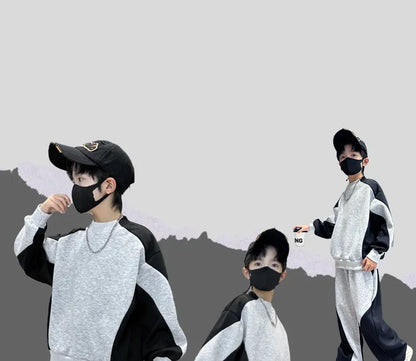 Spring Boys Black x Grey Contrast Pullover Sweatshirt+Sweatpant Work Set School Kid 2PCS Tracksuit Children Jogger Outfit 5-16Yr