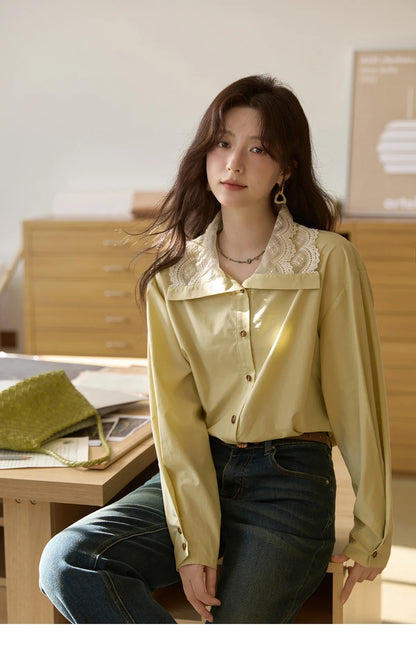 Autumn Solid Cotton Shirt Autumn V-neck Double-layer Lace Retro Design Shirts Single Breasted Tops Office Lady MXE41C2366