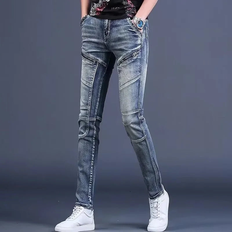 High-End Men's Slim Fit Jeans with Zipper Splicing Elastic Casual Long Trousers Trendy Retro Style Cotton Stretch Denim