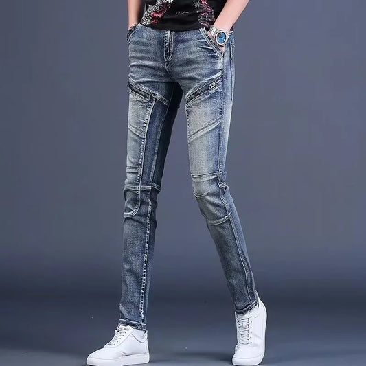 High-End Men's Slim Fit Jeans with Zipper Splicing Elastic Casual Long Trousers Trendy Retro Style Cotton Stretch Denim