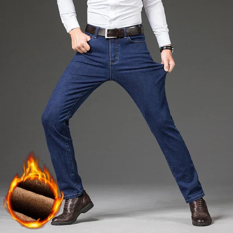 Winter Fleece Men's Casual Jeans Stretch Fashion Cotton Thick Plush Warm Denim Trousers Male Brand Pants Plus Size 42 44 46