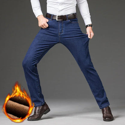 Winter Fleece Men's Casual Jeans Stretch Fashion Cotton Thick Plush Warm Denim Trousers Male Brand Pants Plus Size 42 44 46
