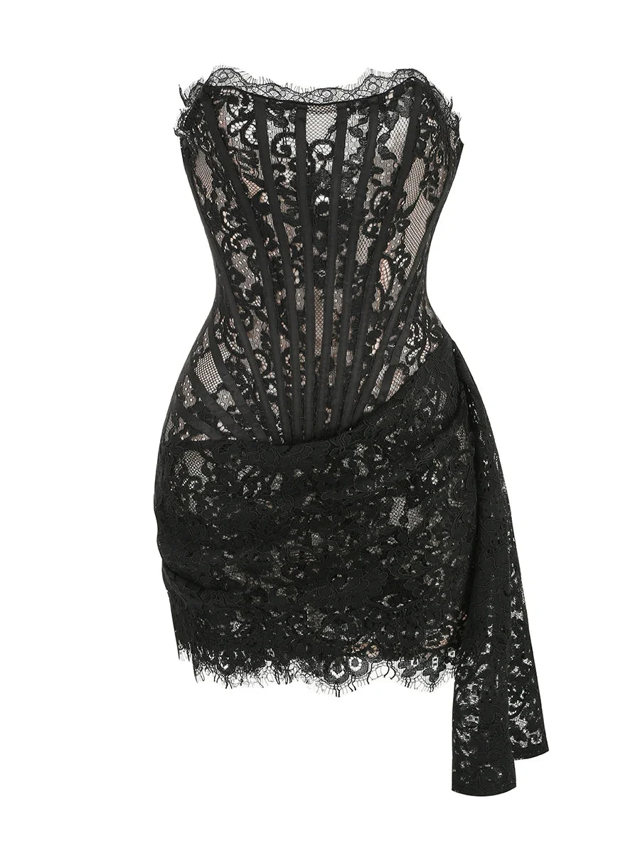 Christmas Dress For Women Red Lace Sexy Strapless Sleeveless Slim Supper Short Dress With Lace-Up