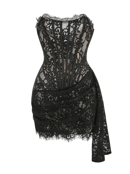 Christmas Dress For Women Red Lace Sexy Strapless Sleeveless Slim Supper Short Dress With Lace-Up