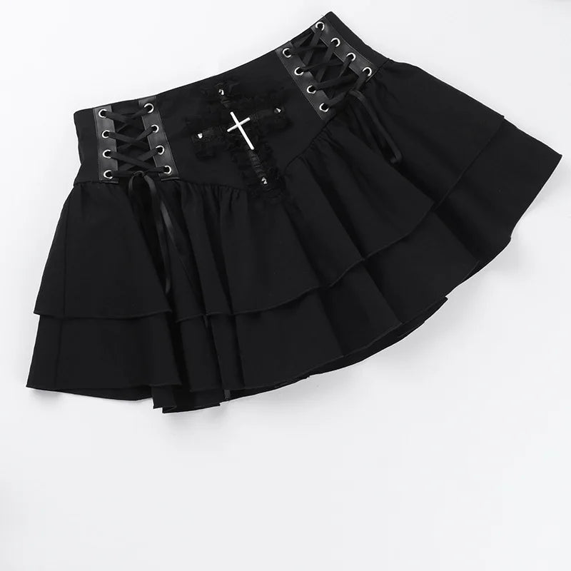 Punk Cross Patchwork Pleated Skirts Mall Gothic Techwear Bottoms Grunge Aesthetic Women Bandage Mini Skirt Alt Clothes