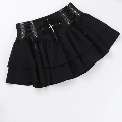 Punk Cross Patchwork Pleated Skirts Mall Gothic Techwear Bottoms Grunge Aesthetic Women Bandage Mini Skirt Alt Clothes