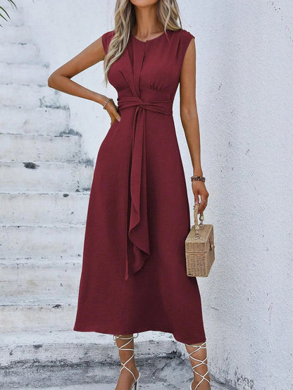 Women's Solid Color A-Line Dress Sleeveless Front Thin Straps Elegant Belted Midi Dress for Summer