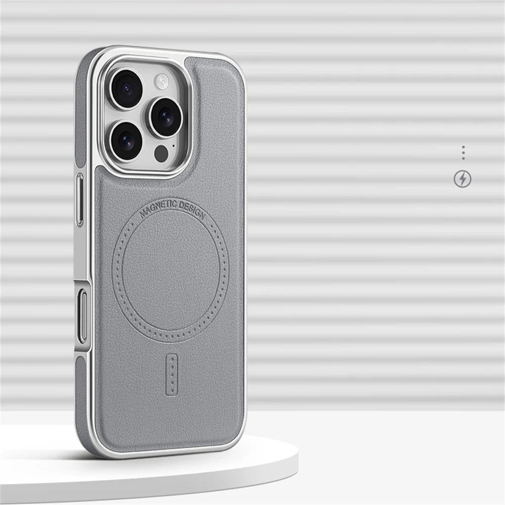 Premium Plating Frame Business Leather Magnetic Case for iPhone 17 16 15 14 13 Pro Max  Plus 17Air For Magsafe Shockproof Cover