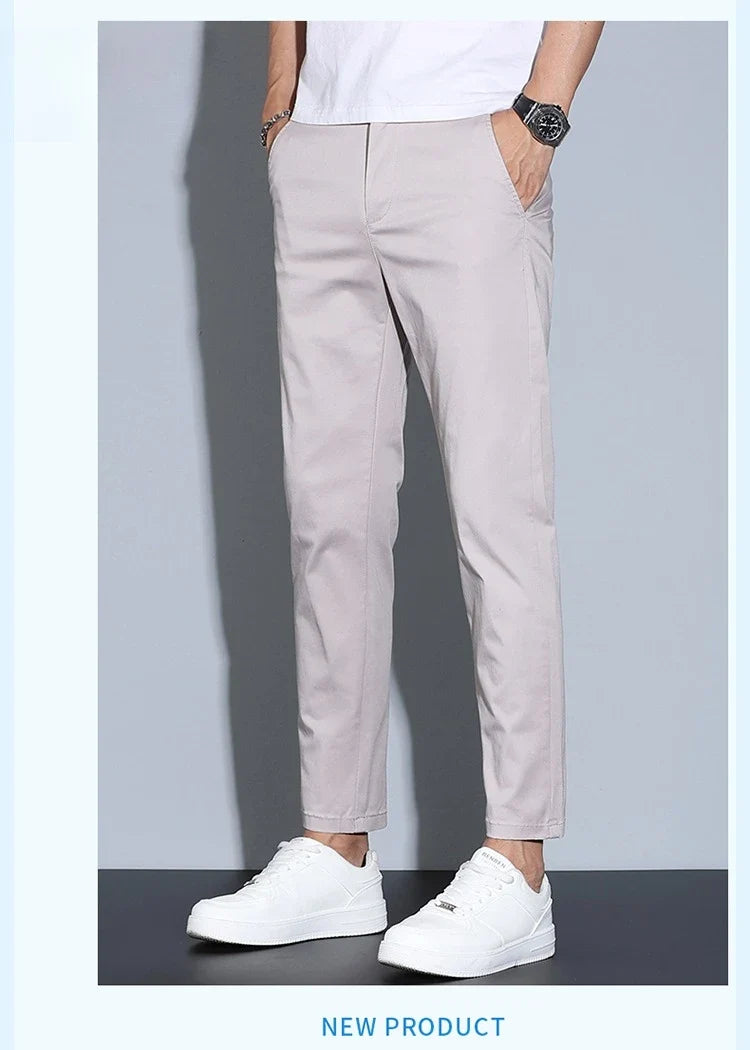 High Quality Summer Men's White Ankle Length Casual Pants 97%Cotton Breathable Straight Business Slim Work Chino Trousers Man