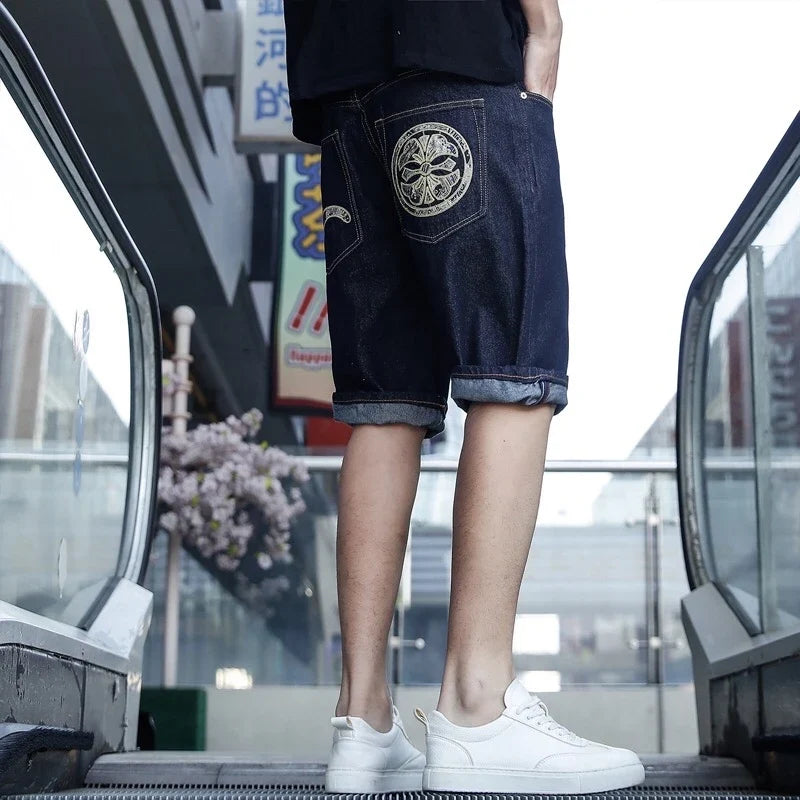Men Embroidery Denim Shorts Black Hiphop Jeans Pants Cherry Blossom Dragon Totem Washed Zipper Cotton Summer cherry blossoms 024