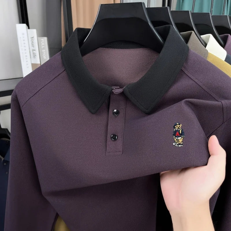 Premium luxury men's long sleeve polo shirt brand cartoon bear embroidery Korean style fashion comfort autumn new lapel T-shirt