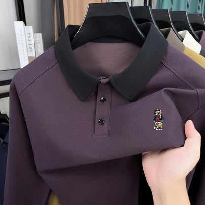 Premium luxury men's long sleeve polo shirt brand cartoon bear embroidery Korean style fashion comfort autumn new lapel T-shirt