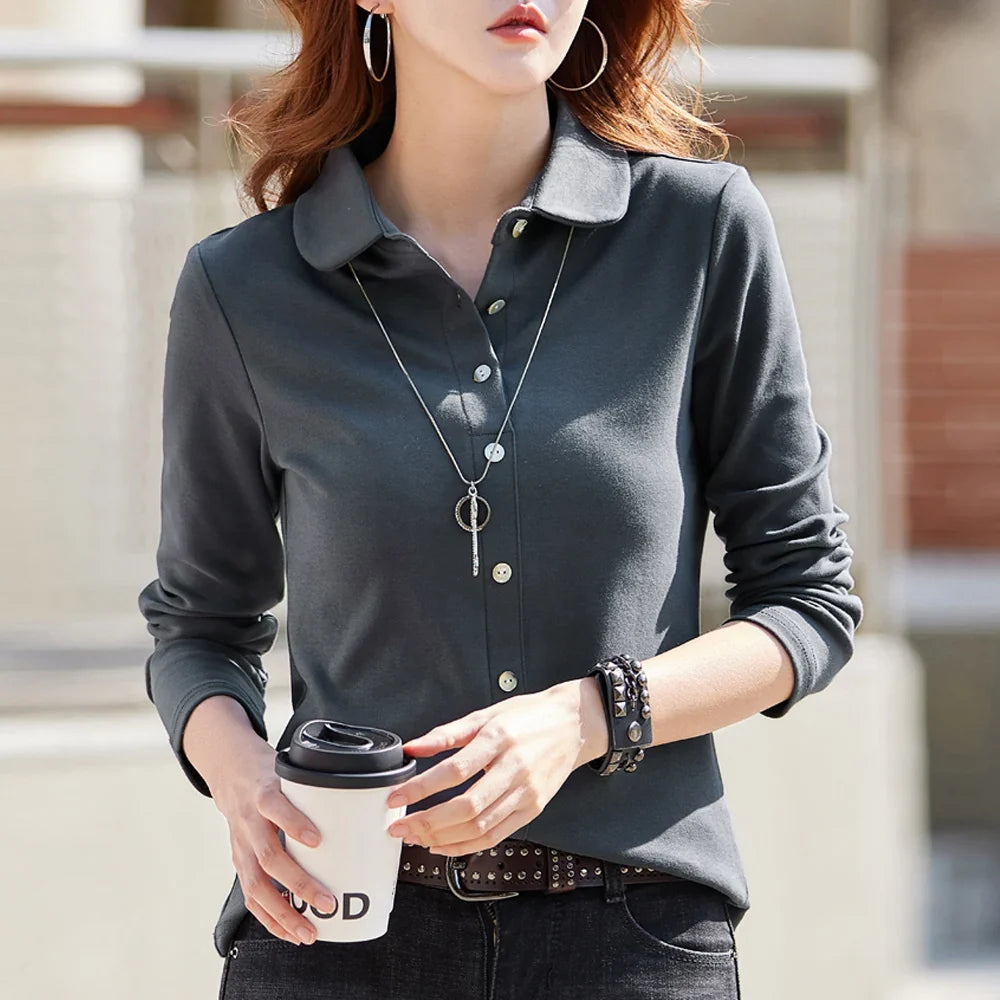 Pure cotton polo collar long sleeved t-shirt women's loose spring/summer new slimming and versatile fashion polo collar top