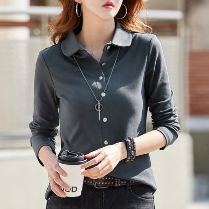 Pure cotton polo collar long sleeved t-shirt women's loose spring/summer new slimming and versatile fashion polo collar top