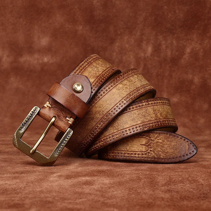 3.8CM Pure Cowhide High Quality Genuine Leather Belts for Men Brand Strap Male Brass Retro Buckle Jeans Cowboy Cintos Luxury
