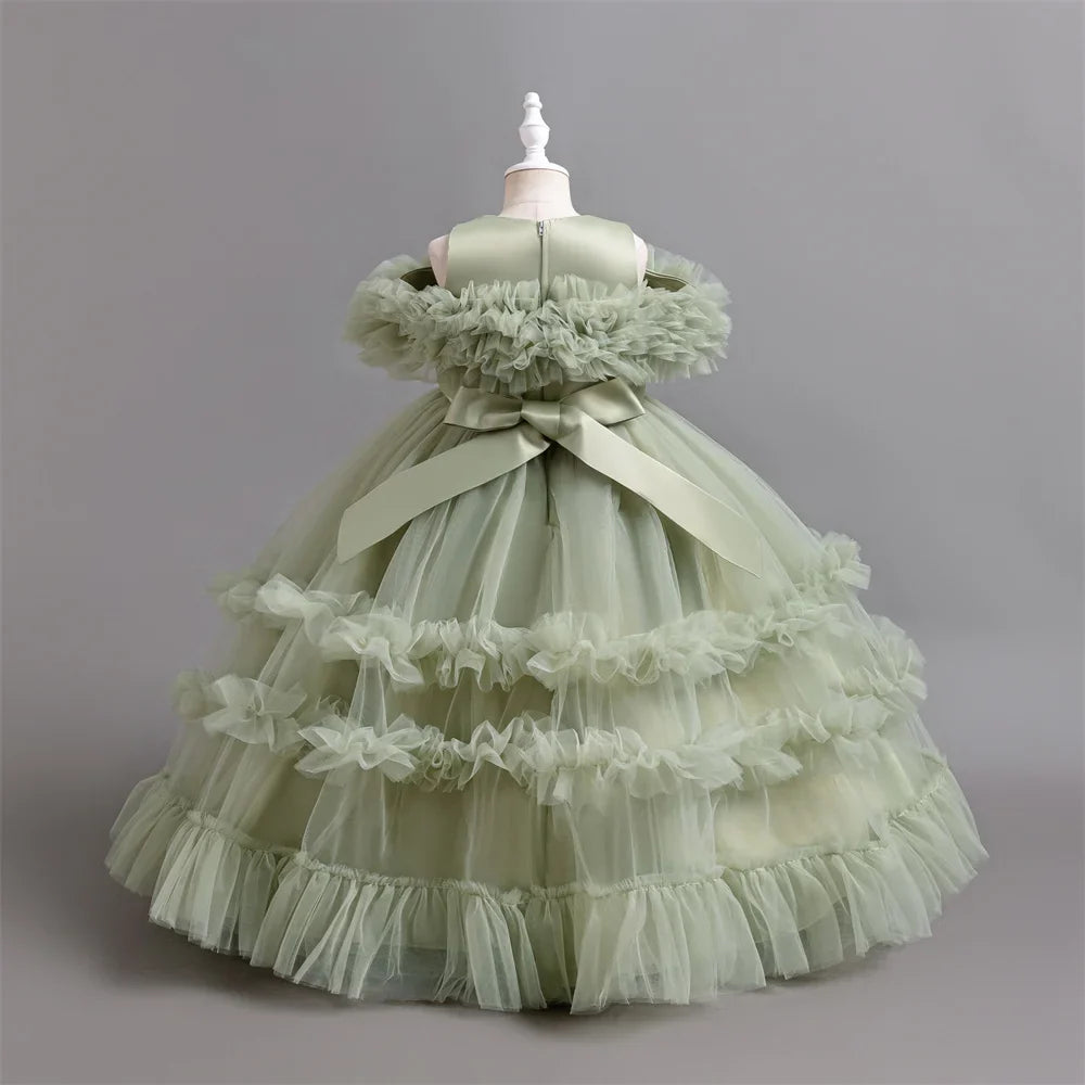 New Elegant Dress for Girls Flower Wedding Long Embroidered Panto Skirt 4-12 Years Old Piano Performance Girl Dress