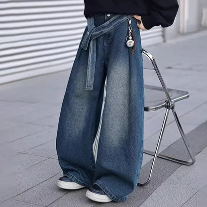 Korean Style Design Belt Jeans Men'S Casual Loose Retro Blue Straight Leg Pants High Street Wide Leg Pants